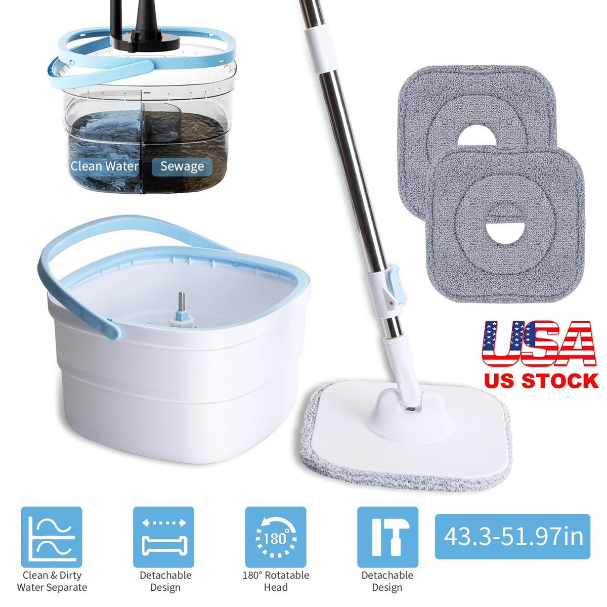 Flat Mop & Dual-Compartment Bucket Set