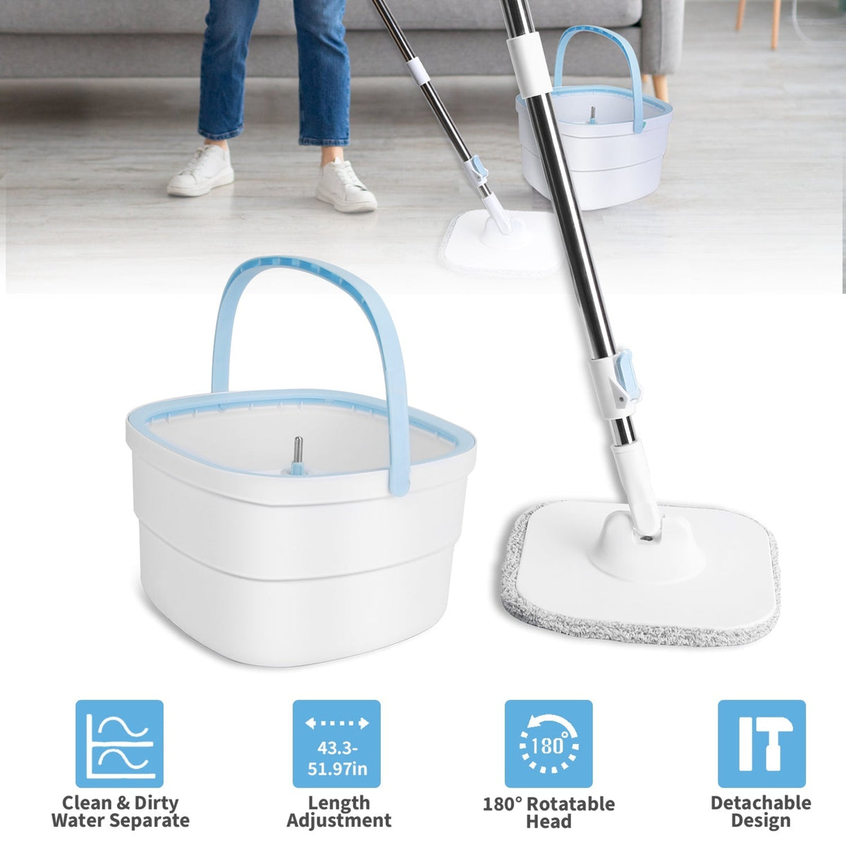Flat Mop & Dual-Compartment Bucket Set