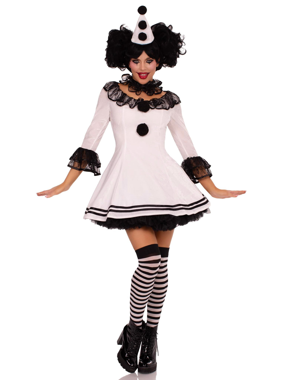 Pierrot Clown Costume - 3 Piece Women's Halloween Outfit with Dress