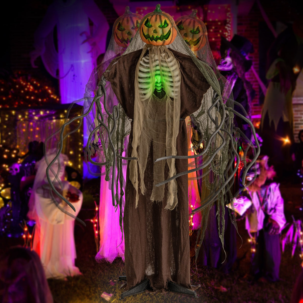 6 Feet Halloween Animatronics Light Up Talking Ghost Pumpkin with Glowing Ribs and Moving Head