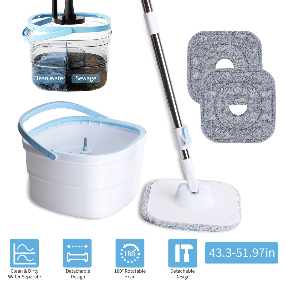 Flat Mop & Dual-Compartment Bucket Set