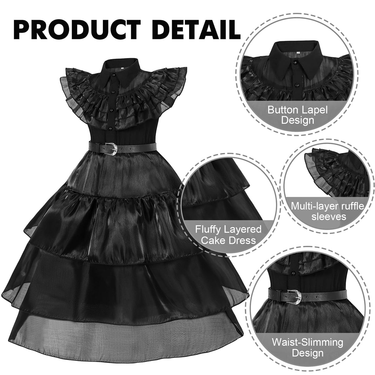 Black Costume Dress for Girls - Halloween Cosplay Outfit with Accessories - Ages 4-12