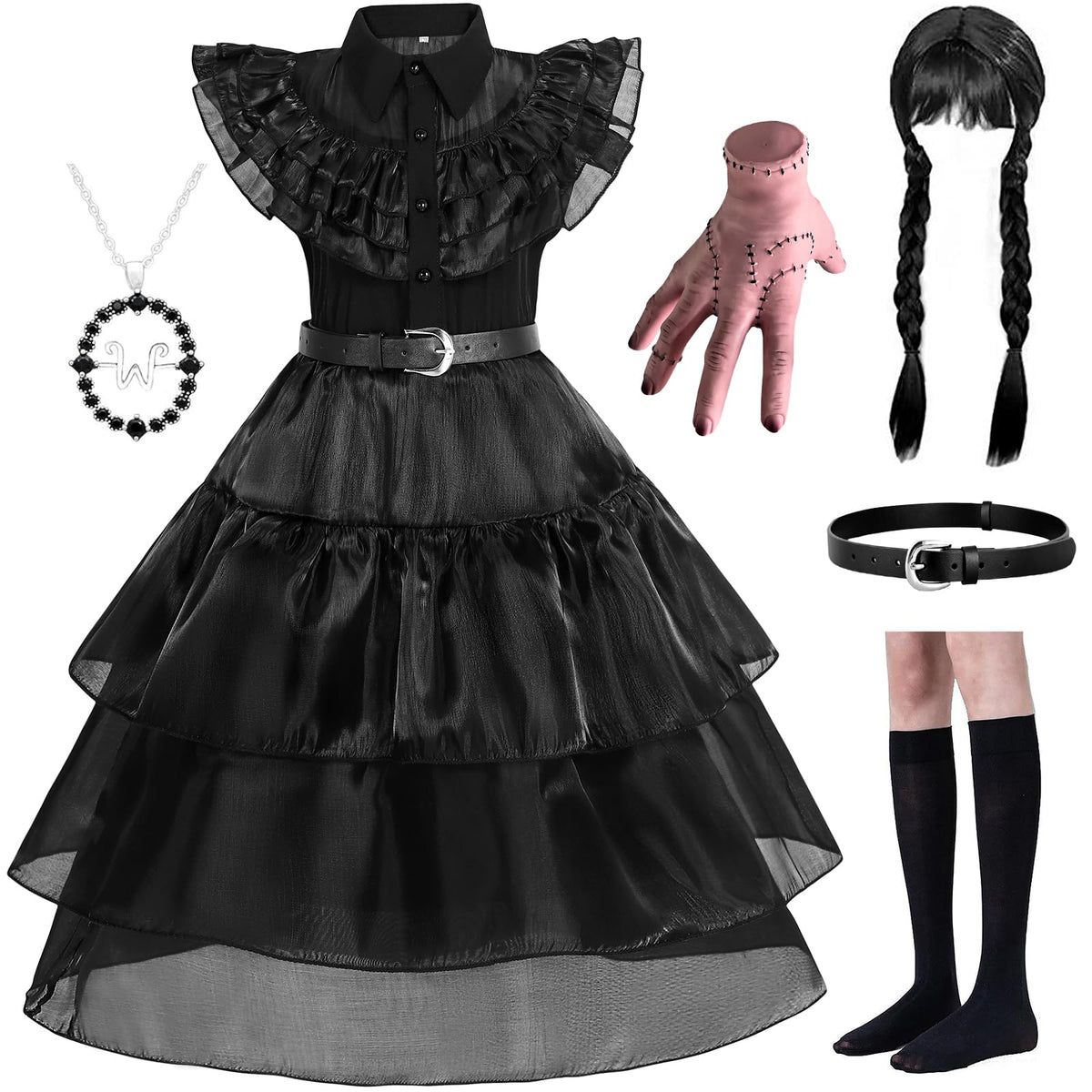 Black Costume Dress for Girls - Halloween Cosplay Outfit with Accessories - Ages 4-12