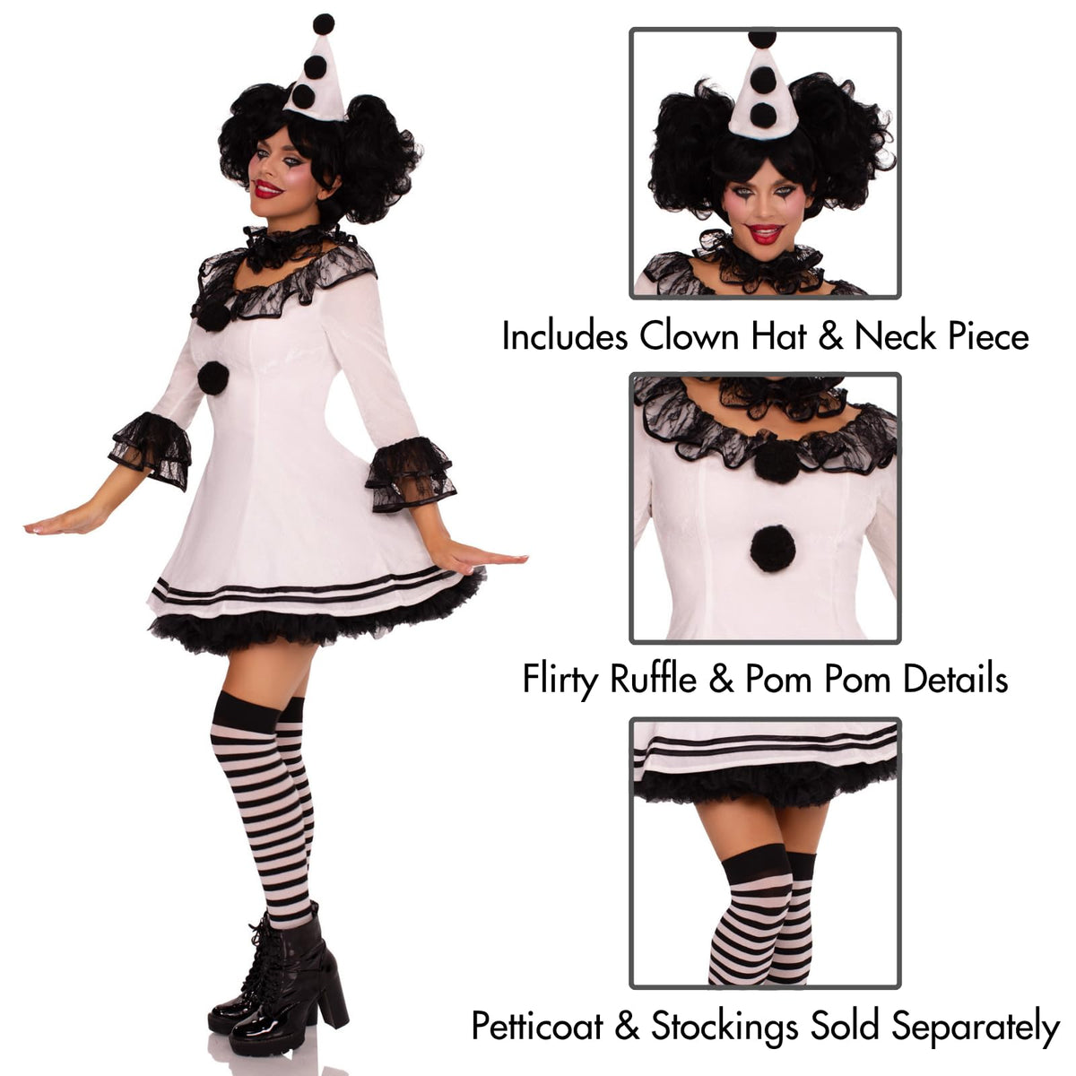 Pierrot Clown Costume - 3 Piece Women's Halloween Outfit with Dress