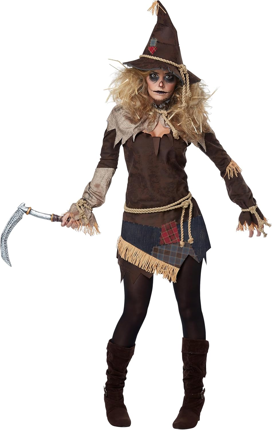 Women's Creepy Scarecrow Costume - Halloween Tunic with Rope Belt