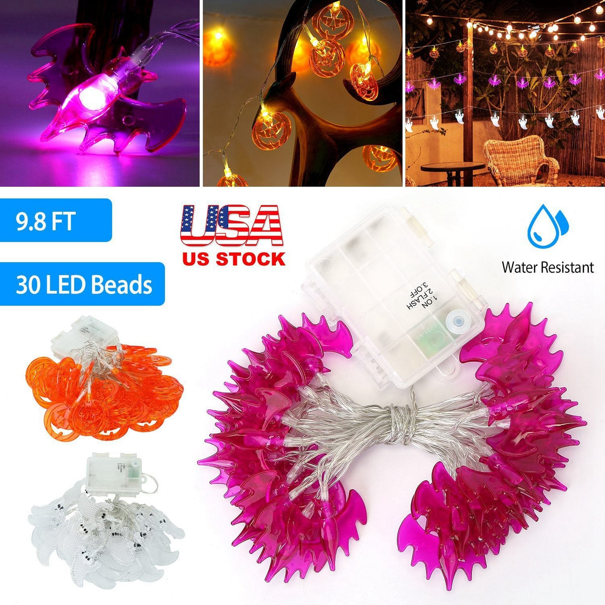 Halloween Ghost String Lights — 30 LEDs, 9.8 ft