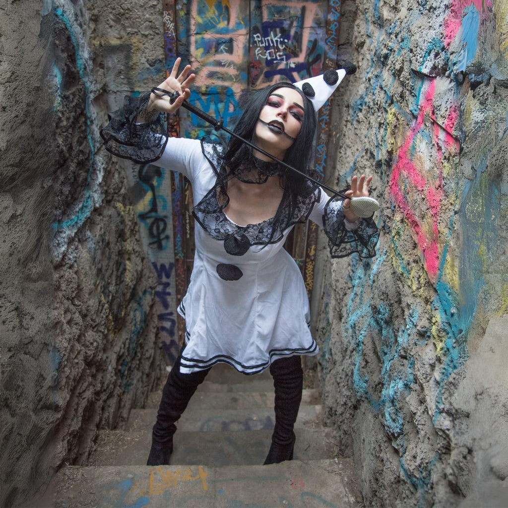Pierrot Clown Costume - 3 Piece Women's Halloween Outfit with Dress