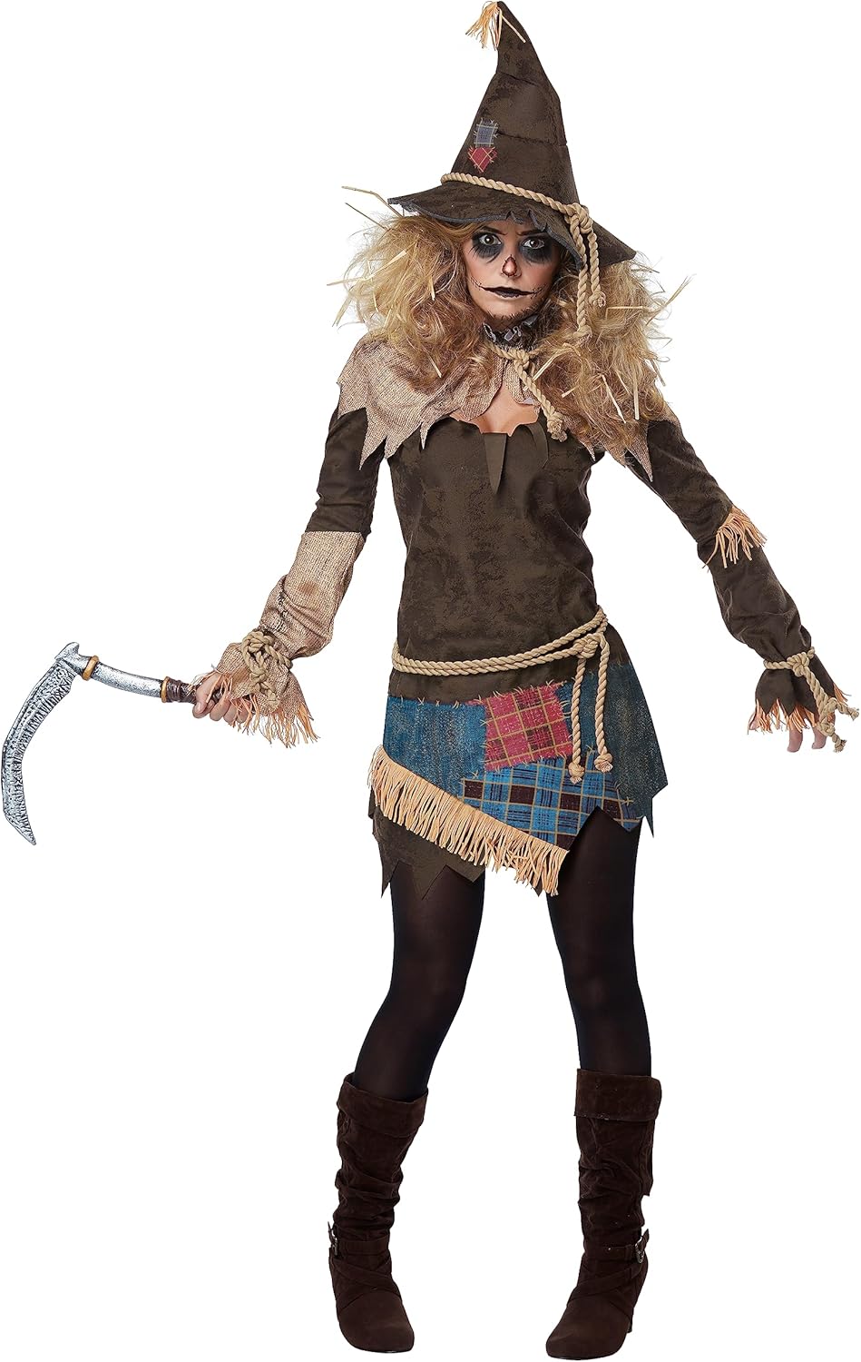 Women's Creepy Scarecrow Costume - Halloween Tunic with Rope Belt