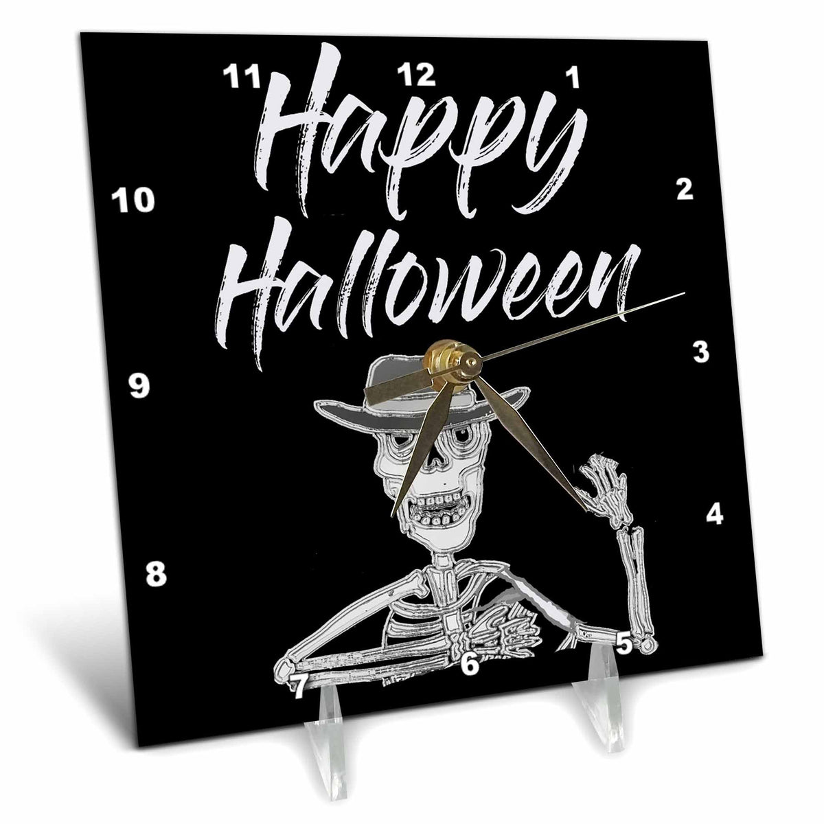 3dRose All Smiles Art - Holidays - Cute Funny Happy Halloween with Distressed Art Seleton Cartoon - Desk Clocks (dc_325571)