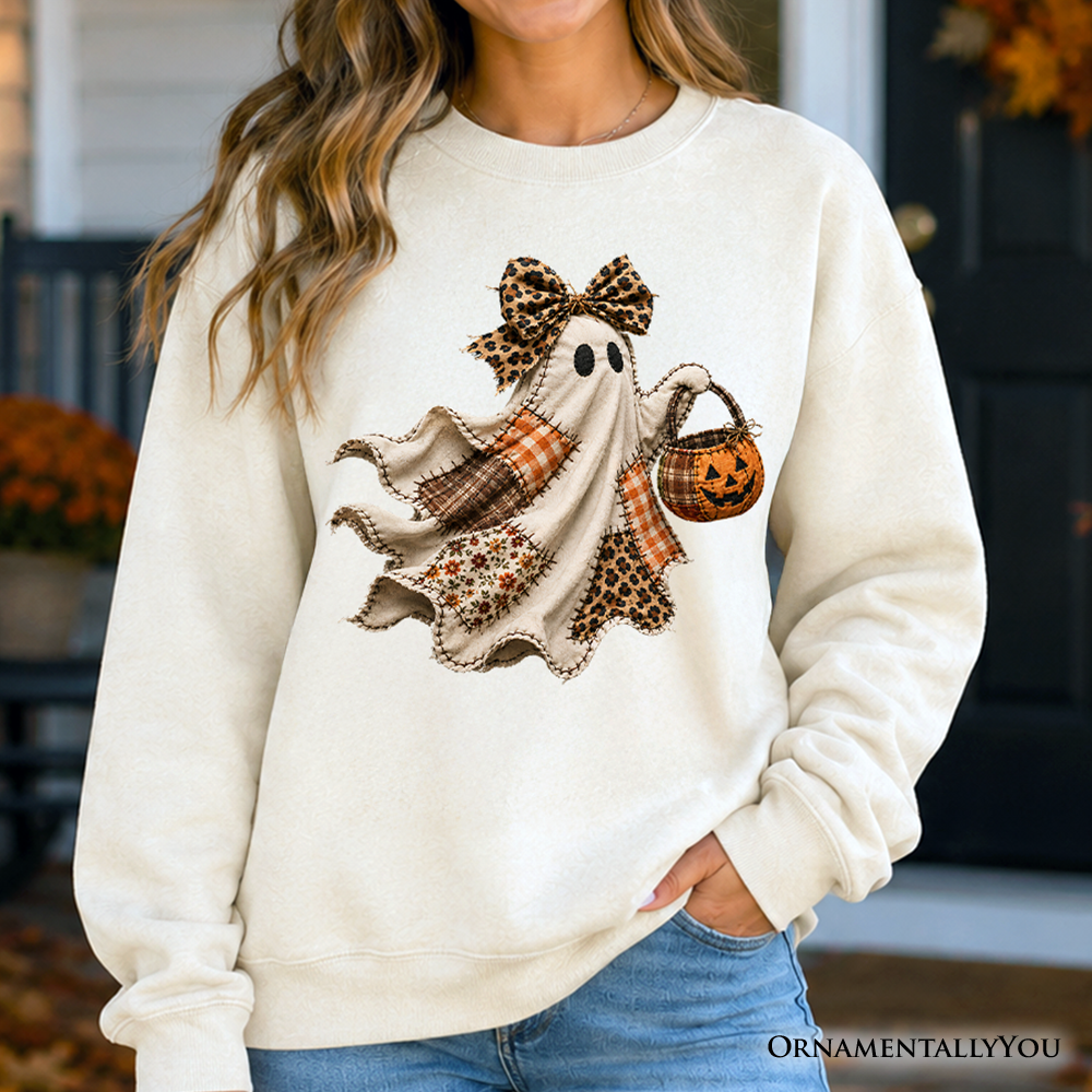 Ghost with Leopard Bow Imitation Patchwork Sweatshirt, Rustic Halloween Pumpkin Trick or Treat Sweater