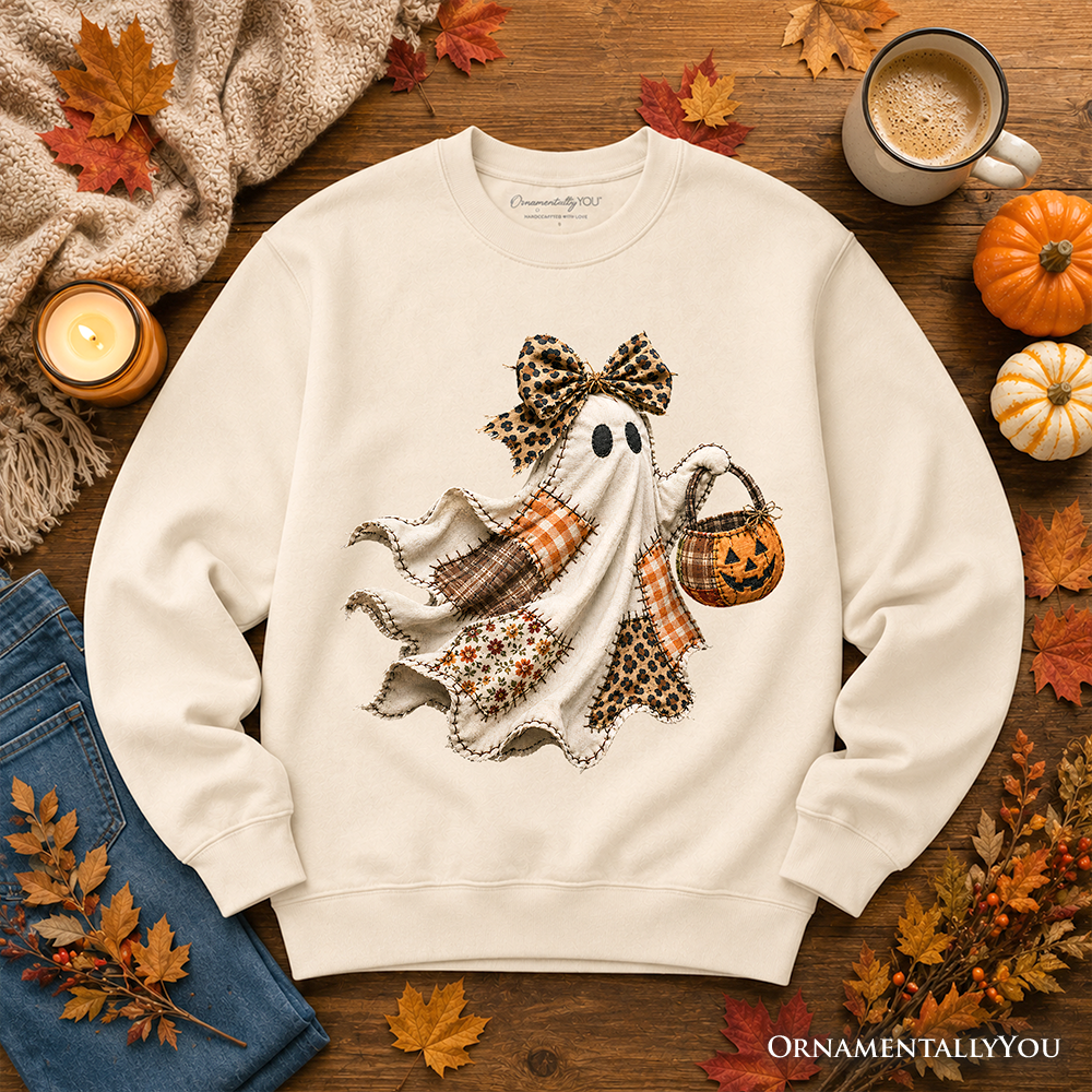 Ghost with Leopard Bow Imitation Patchwork Sweatshirt, Rustic Halloween Pumpkin Trick or Treat Sweater
