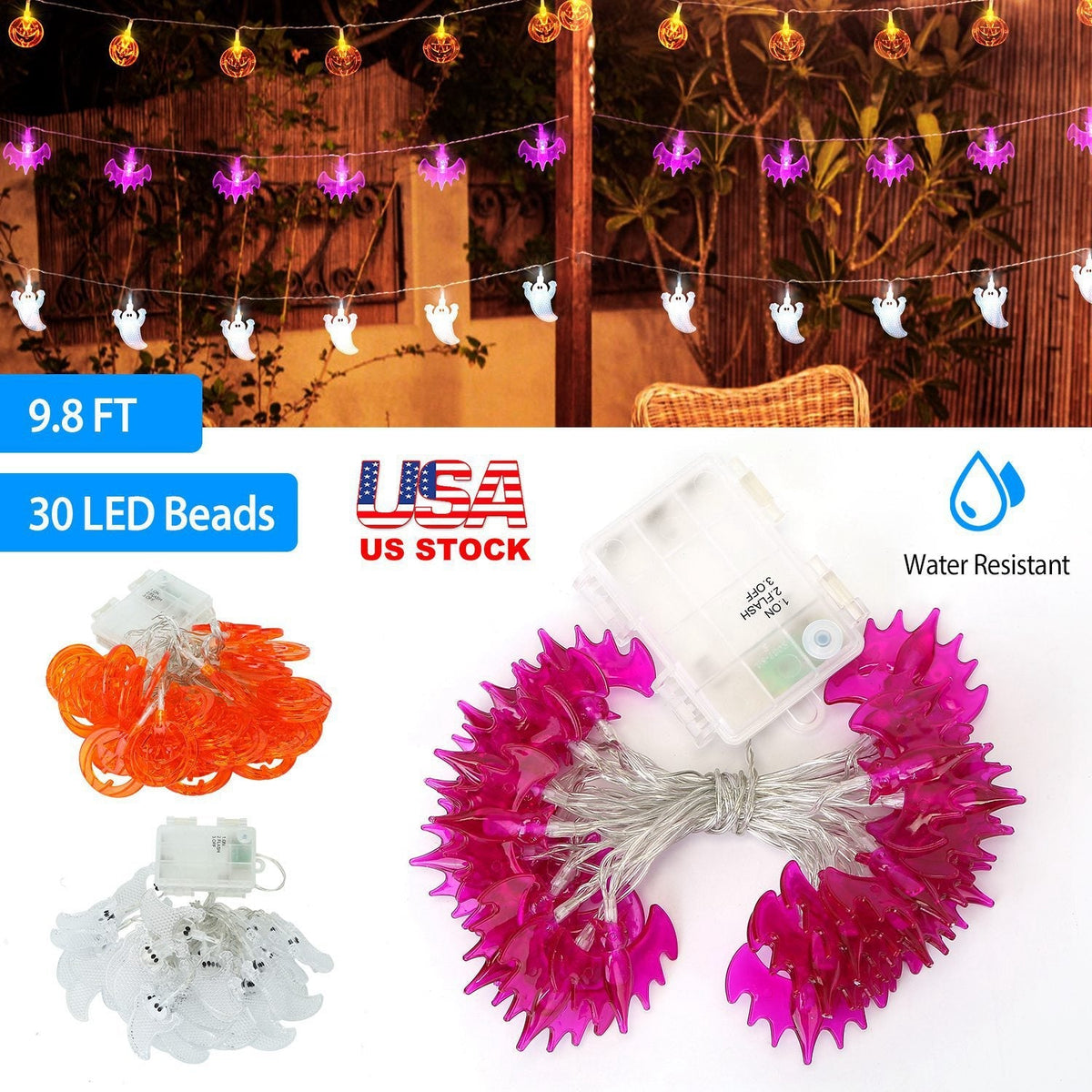 Halloween Ghost String Lights — 30 LEDs, 9.8 ft