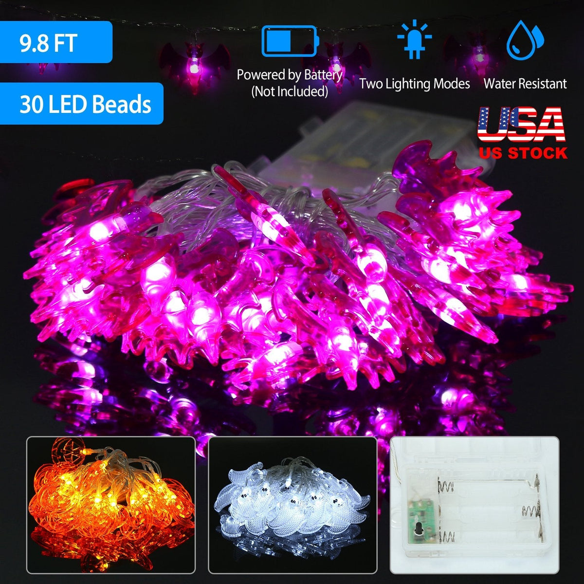 Halloween Ghost String Lights — 30 LEDs, 9.8 ft