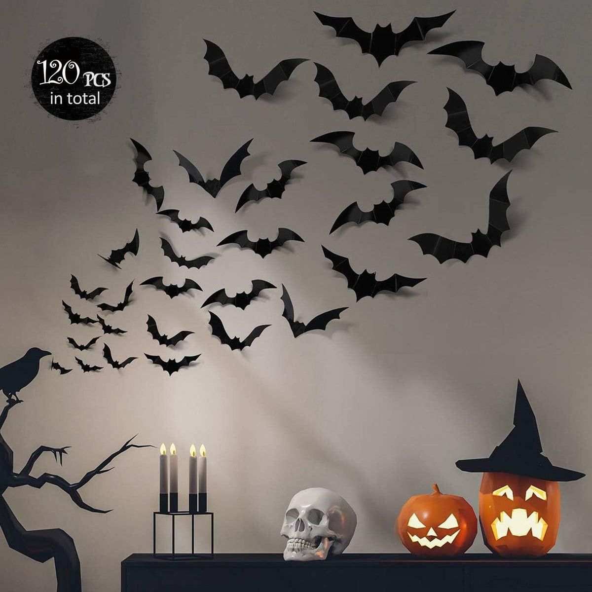 DZBJIPT 120 Pcs 3D Halloween Bats Wall Decals 4 Sizes Black Bat Decor
